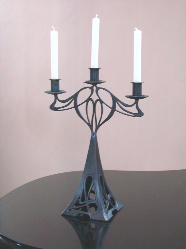 Art Noveau style Candle Stand 12 in w x 16 in tall  Pierced and Chased, Natural waxed finish