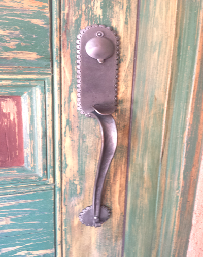 Spanish-Revival-style.-Based-on-a-John-Gaw-Meem-design.--1-of-8-sets-of-hand-forged-door-hardware,-Albuquerque,-NM.